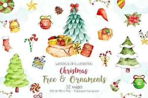 Watercolor Christmas Tree and Ornaments