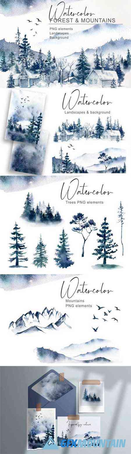 Watercolor Forest & Mountain clipart. Winter landscape