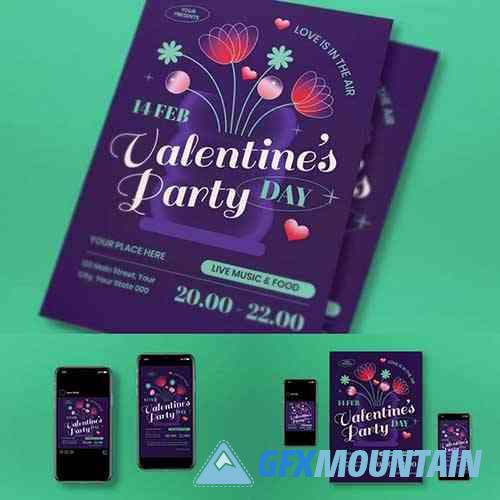Purple 3D Valentine Day Flyer Set