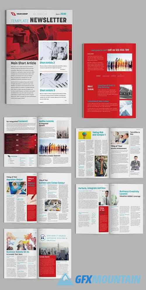 Business Newsletter Layout with Red Accents