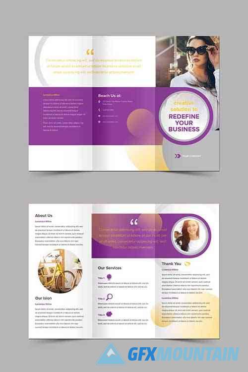 Trifold Brochure with Circle Shapes and in Yellow and Purple Accents