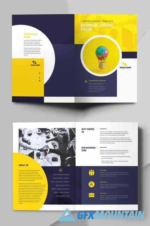 Bifold Brochure with Yellow and Dark Blue Color and in Circle and Geometric Shape