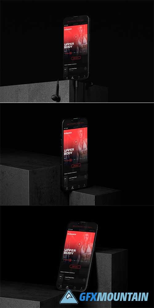 Smartphone On Concrete Showcase Black Scene Mockup