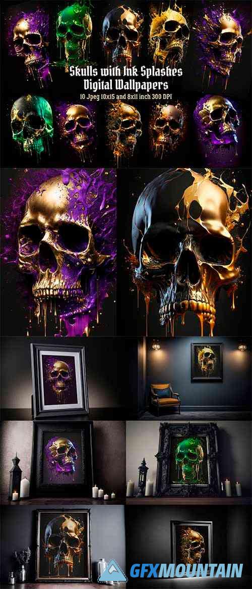 Skull with Ink Splashes Digital Wallpapers, Wall Art