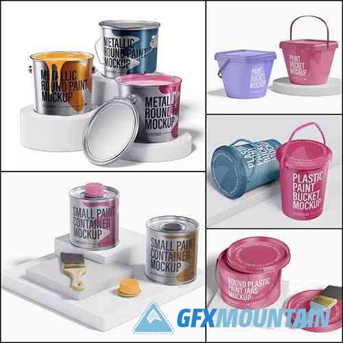 Metallic round paint buckets psd template mockup, opened and closed beautiful design