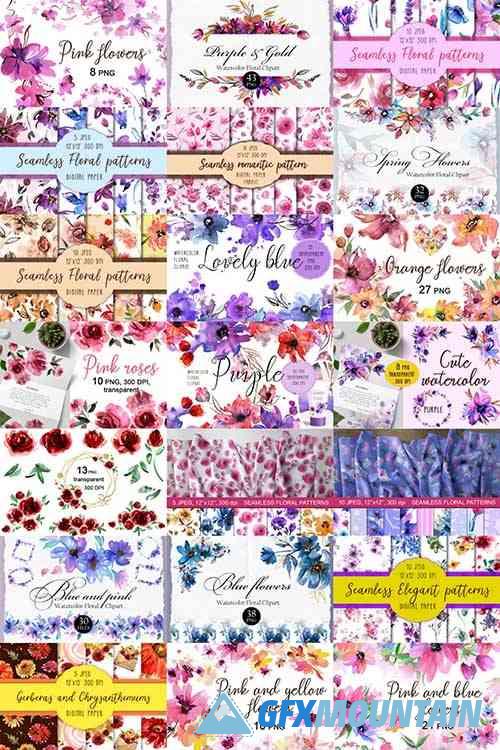 Watercolor Floral Patterns and Clipart