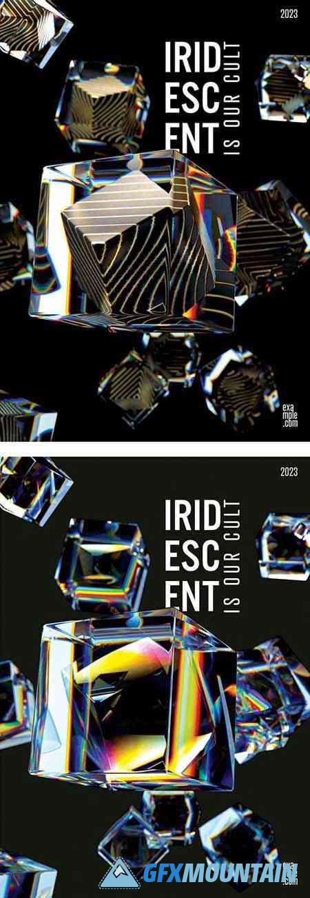 Trendy Design Posters Layout with Composition of 3D Translucent Iridescent Cubes