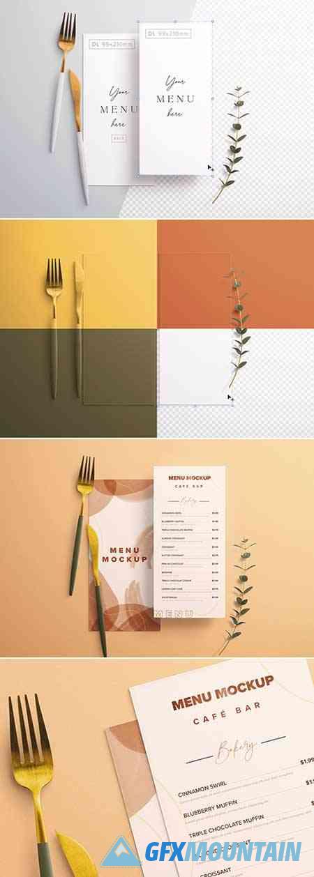 Menu on Table with Cutlery and Eucalyptus Mockup