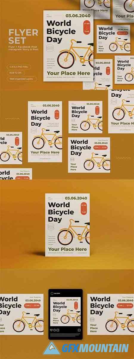 White Flat Design World Bicycle Day Flyer Set