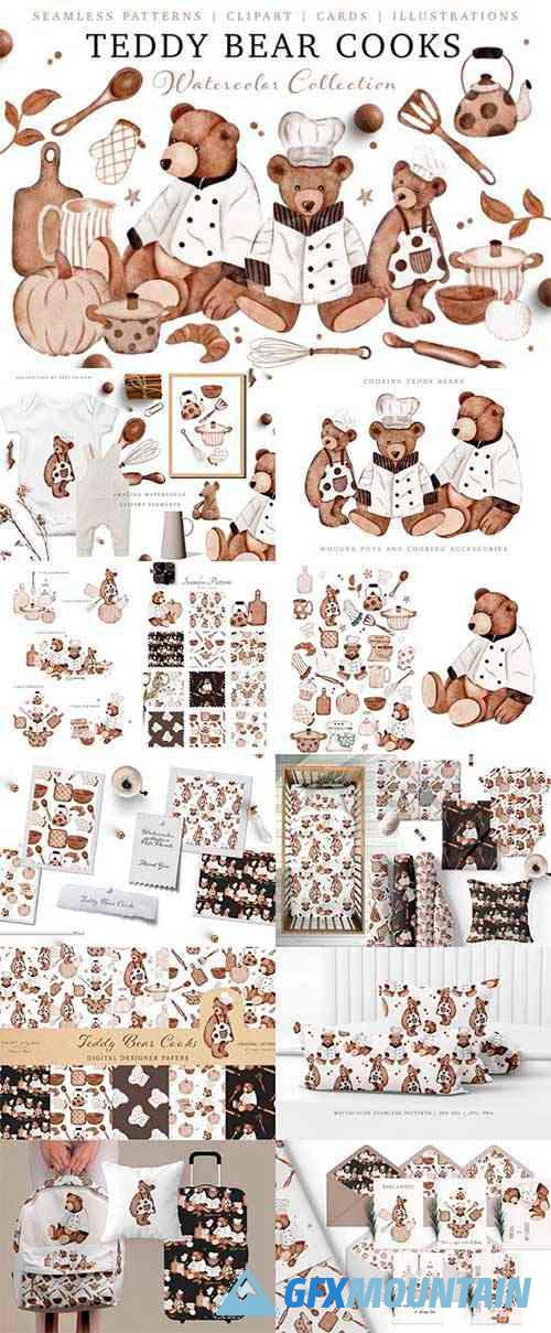 Teddy Bear Cooks Watercolor Clipart