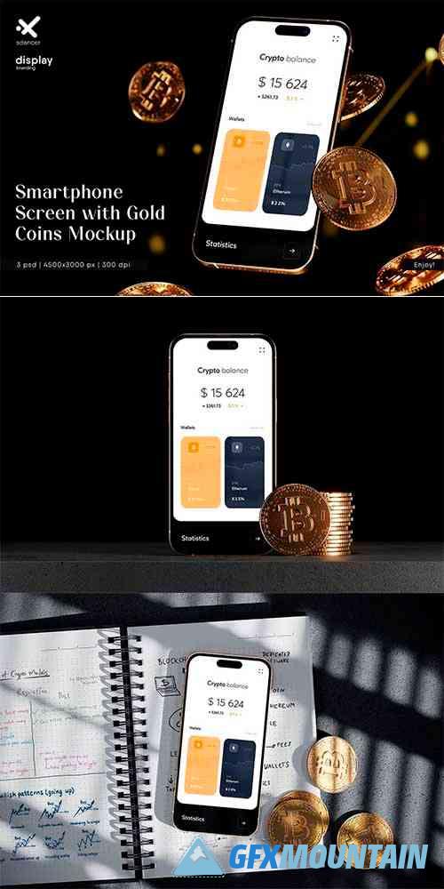 Smartphone Screen with Gold Coins Mockup