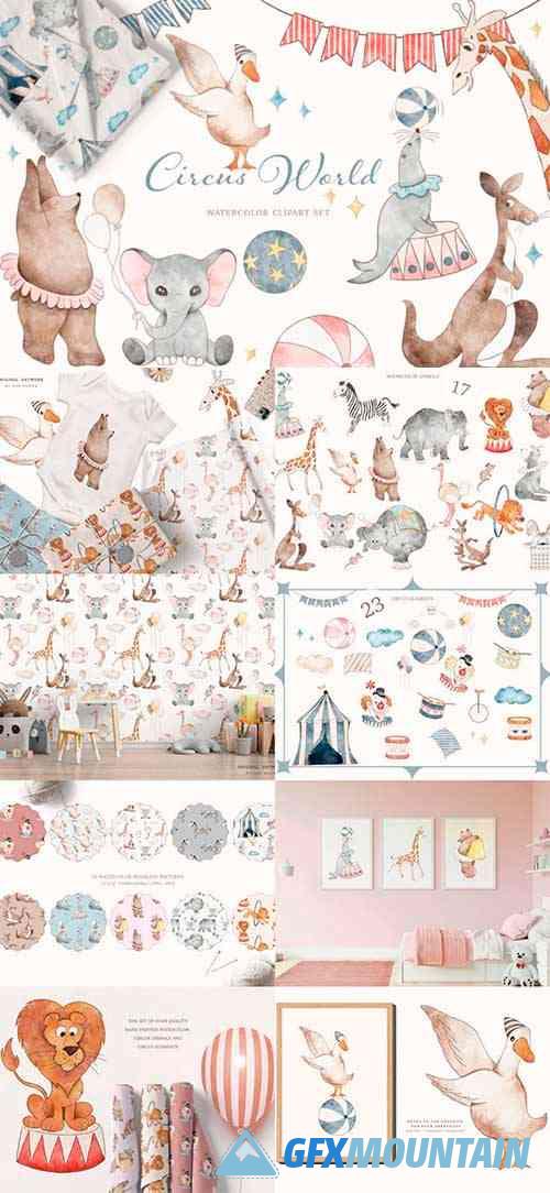 Watercolor Circus World Clipart Pattern 