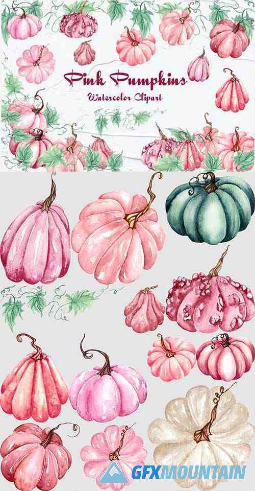 Watercolor Pink Pumpkins Clipart