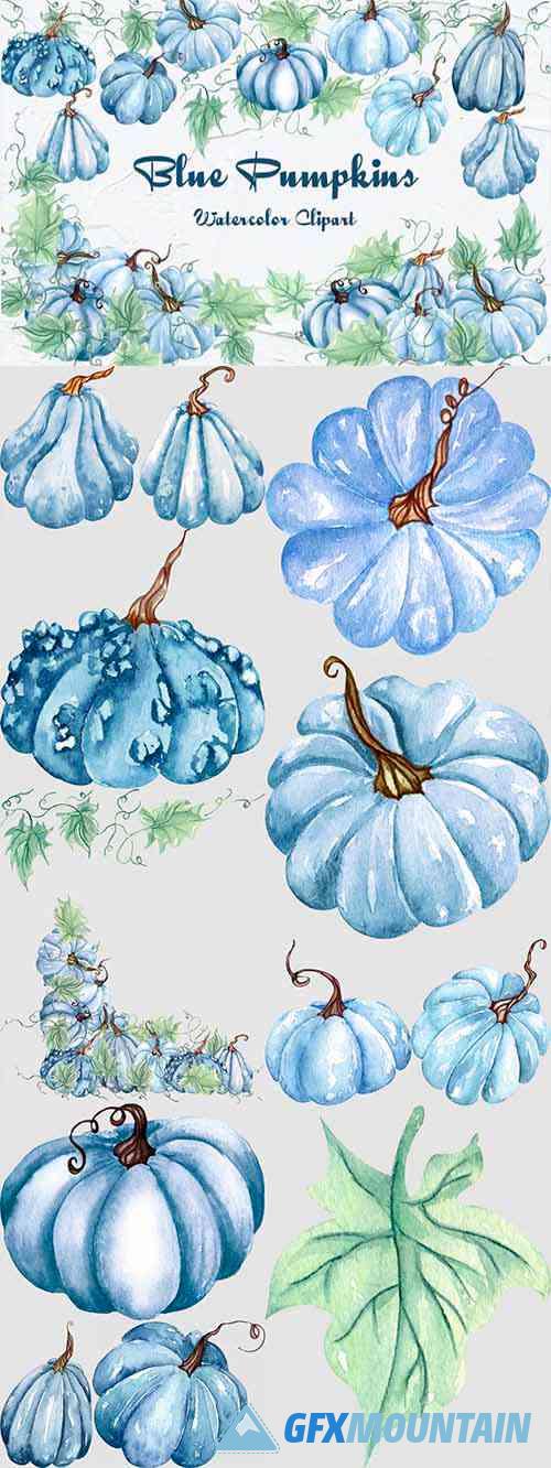 Blue Pumpkins Watercolor Clipart