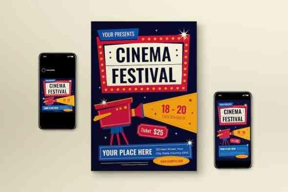 Blue Flat Design Movie Festival Flyer Set