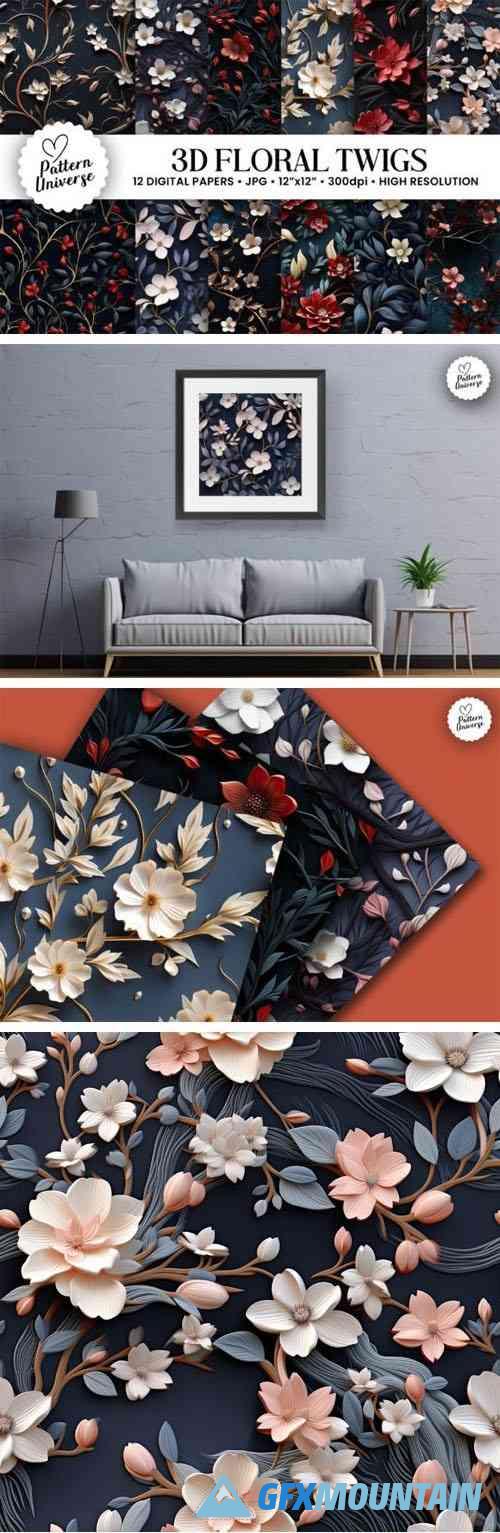 3D Floral Twigs Seamless Patterns