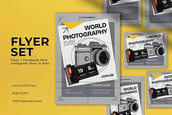 Grey Minimalist World Photography Day Flyer Set