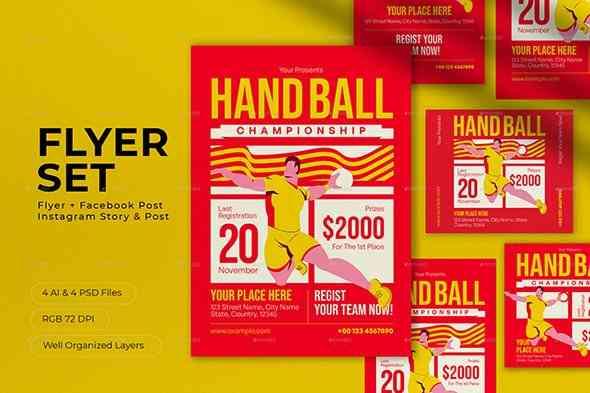 Red Simple Hand Ball Championship Flyer Set