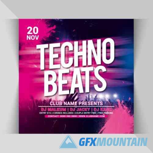 Techno beats party square flyer template