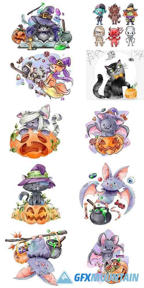 Happy Halloween Holiday Collection Watercolor Illustrations