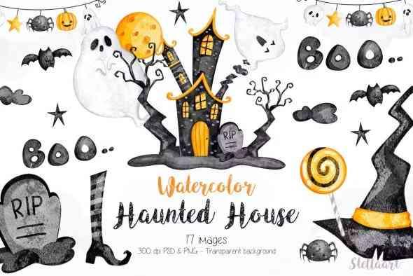 Watercolor Haunted House Clipart