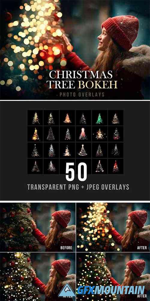 50 Christmas tree bokeh light PNG and JPG overlays