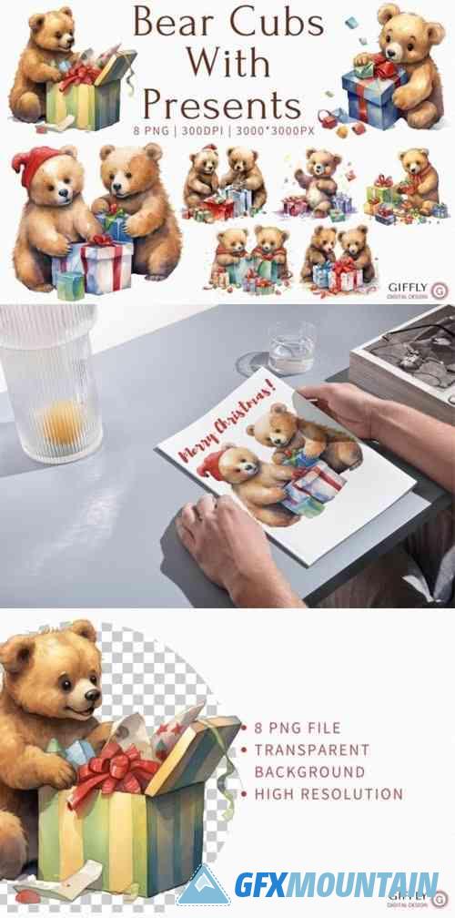 Watercolor Bear Cubs with Presents PNG Clipart