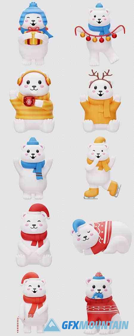 Cute Polar Bear Winter Christmas 3D Illustration Set