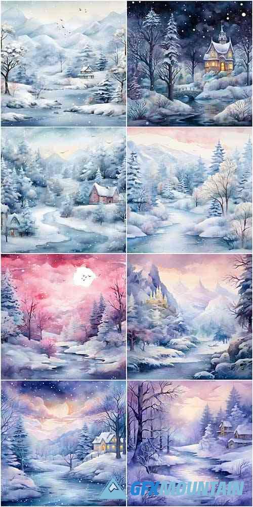 Watercolor Winter Fantasy Backgrounds Pack