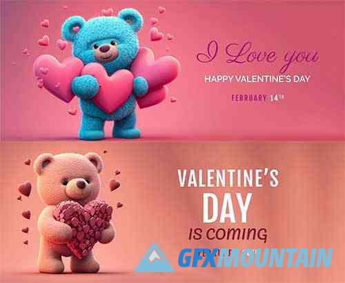 Happy valentines day bear banner, holiday romantic background mockup