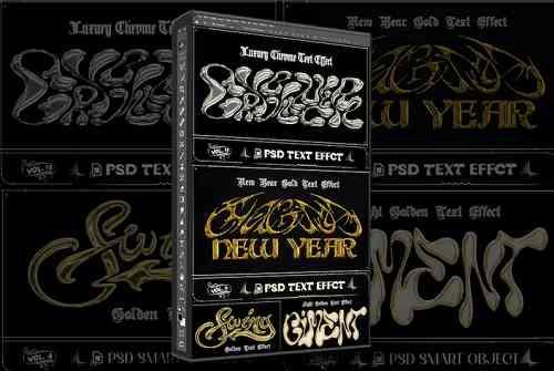 Bundle 4 PSD Y2K Golden Text Effect