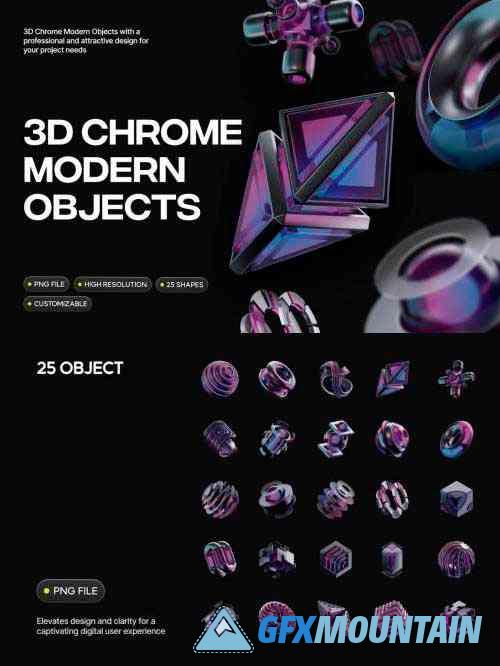 3D Black Chrome Shape Elements