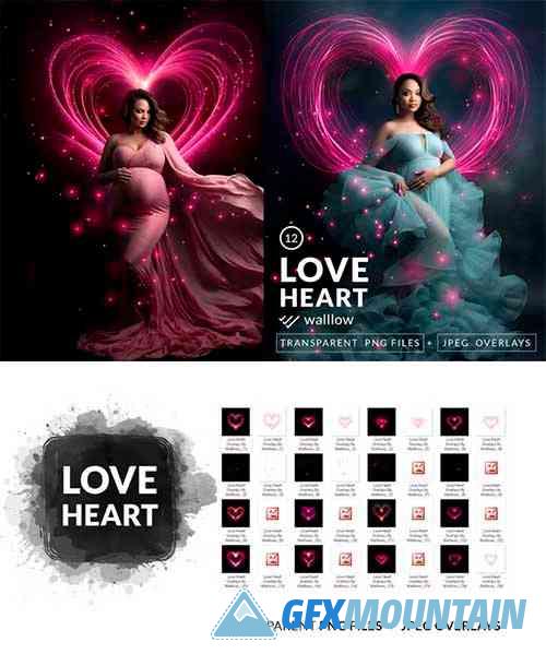 Glowing Heart shaped lights digital PNG overlays