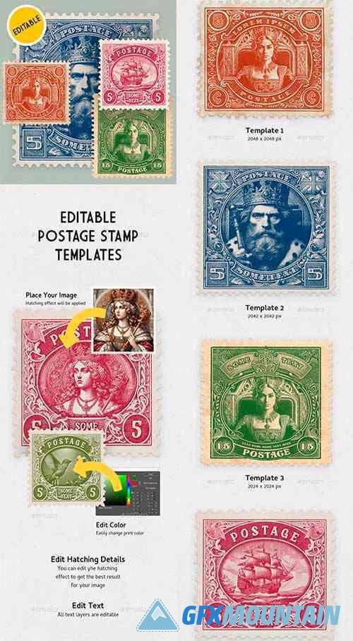 Editabe Postage Stamp Templates with Engraving Effect