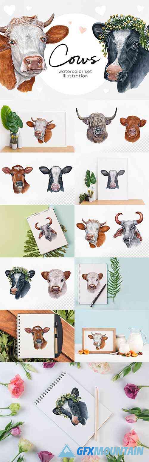 Watercolor set cute cows illustrations. 8 cow/ox