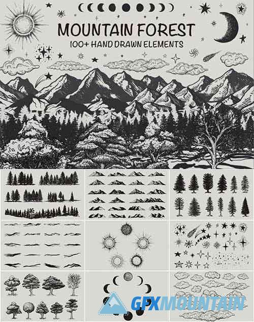 Mountain forest hand-drawn elements