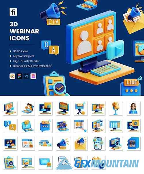 3D Virtual Seminar Icon Set