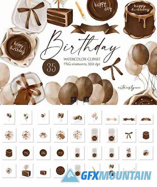 Watercolor hand painted Birthday clipart