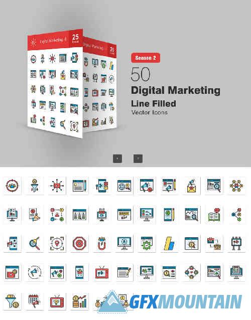 50 Digital Marketing Filled Line Icons