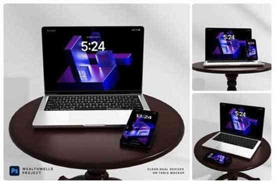 Clean Dual Devices On Table Mockup