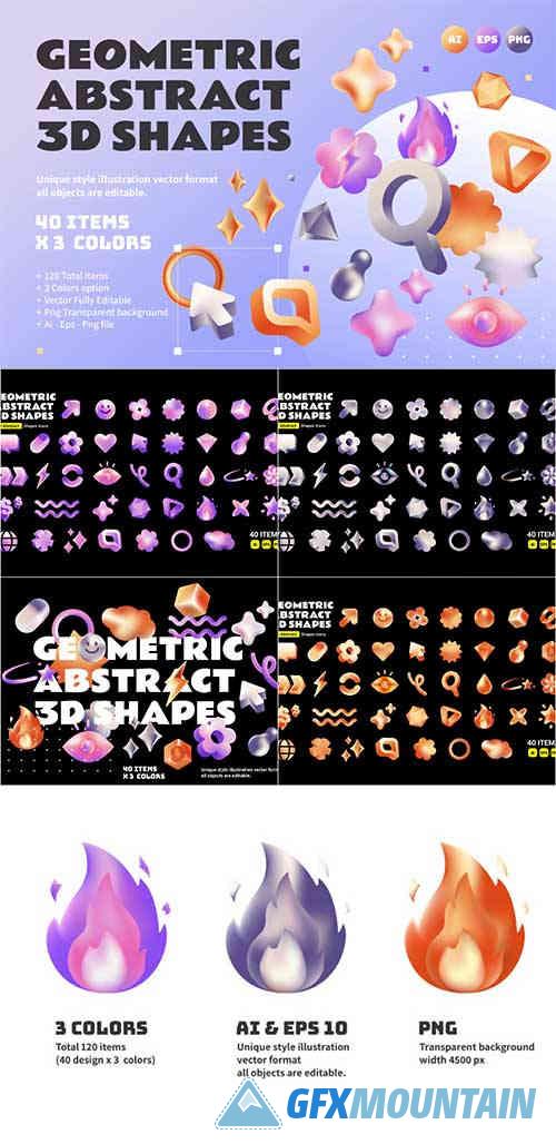 Geometric abstract 3D shapes icons set