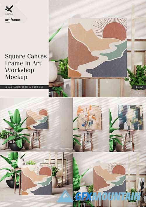 Square Canvas Frame In Art Workshop Mockup