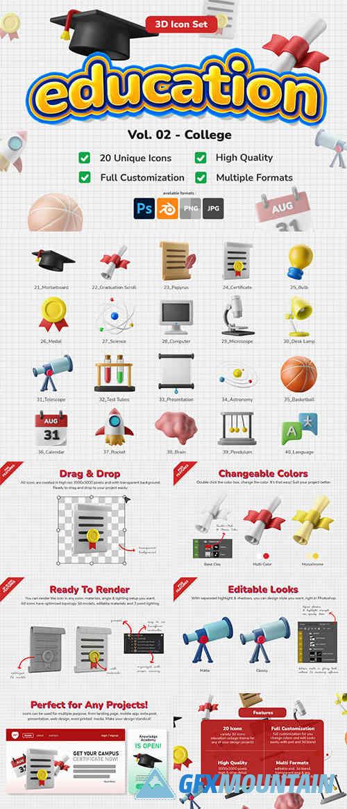 Education College Theme 3D Icon Illustration Set