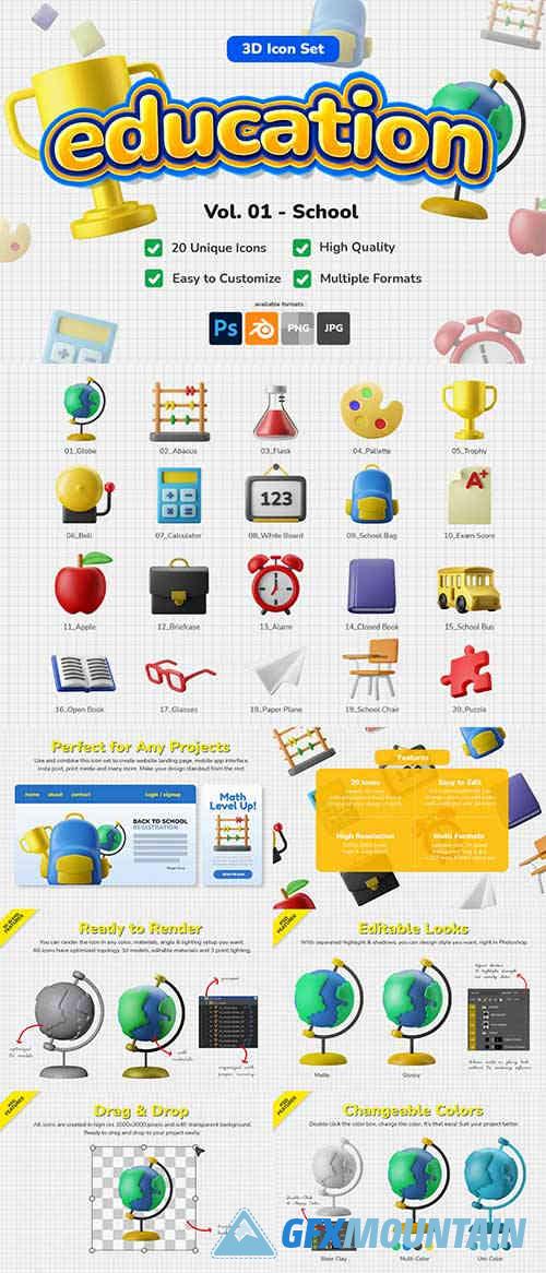 Education School Theme 3D Icon Illustration Set