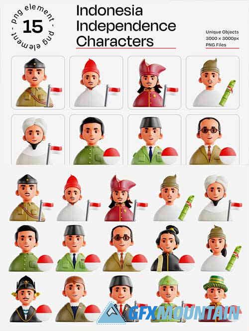 Indonesian Independence Characters 3D Icon Set