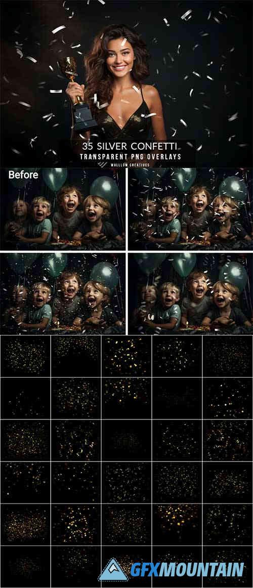 Silver confetti PNG overlays, New year overlays