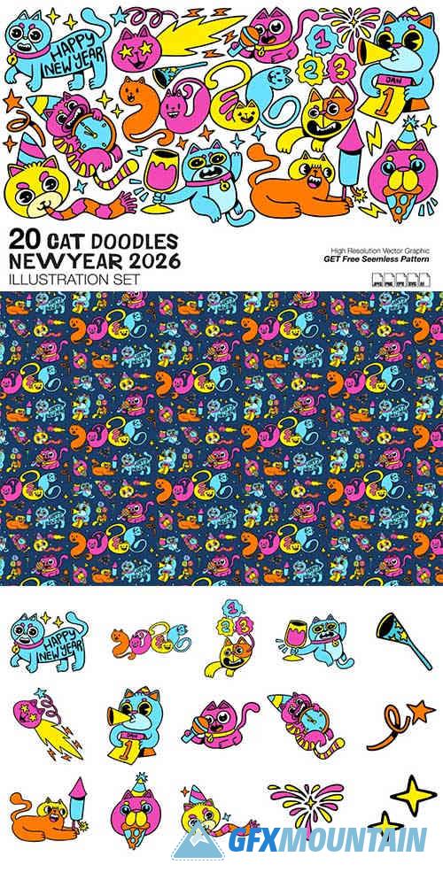 Cat Doodles New Year 2026 Illustration Set