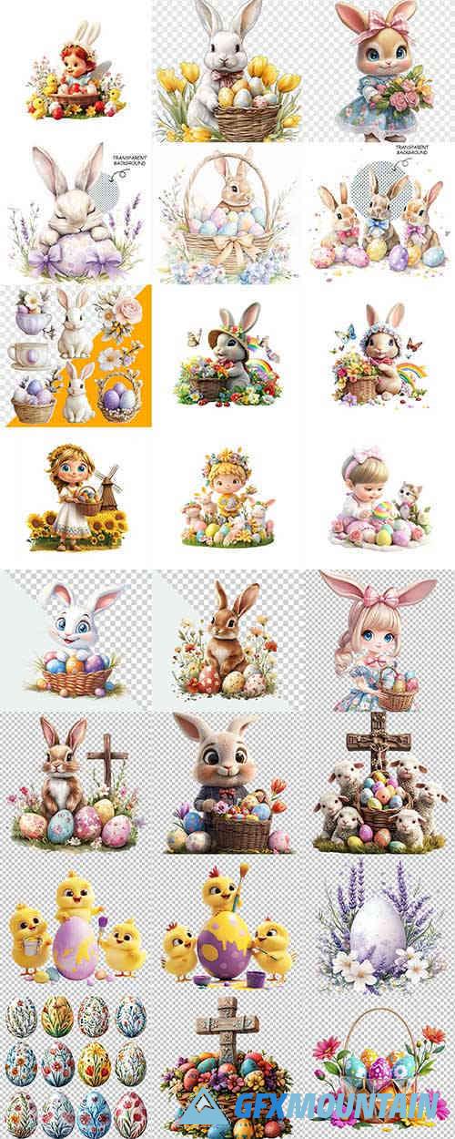 Easter set, cute rabbit, Easter eggs, spring blossoms