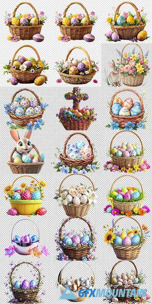 Easter baskets with Easter eggs, rabbit and flowers