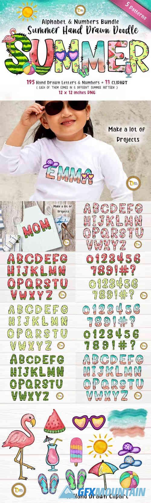 Summer Hand Drawn Doodle Alphabet with Numbers Set